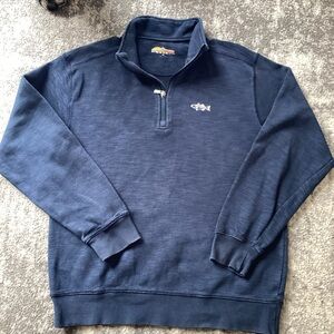 Orvis Men’s Sweater Navy Blue Quarter Zip Pullover Sweatshirt Fly Fishing Logo M